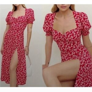 Reformation Red Floral Midi Dress with White Daisy Print